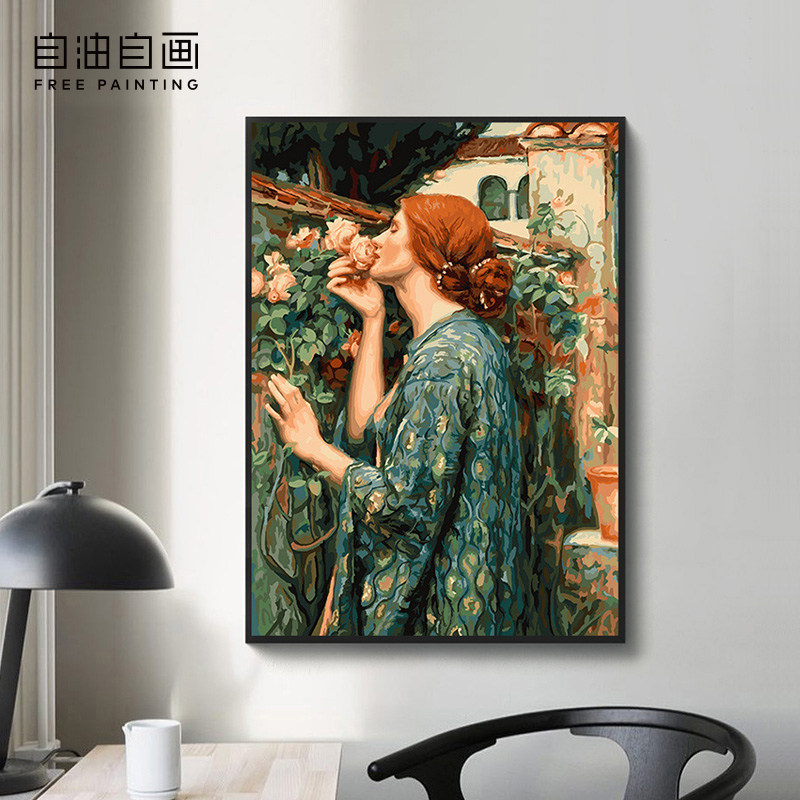 自油自画 diy数字油画客厅卧室手绘油彩名画 沃特豪斯 玫瑰的灵魂