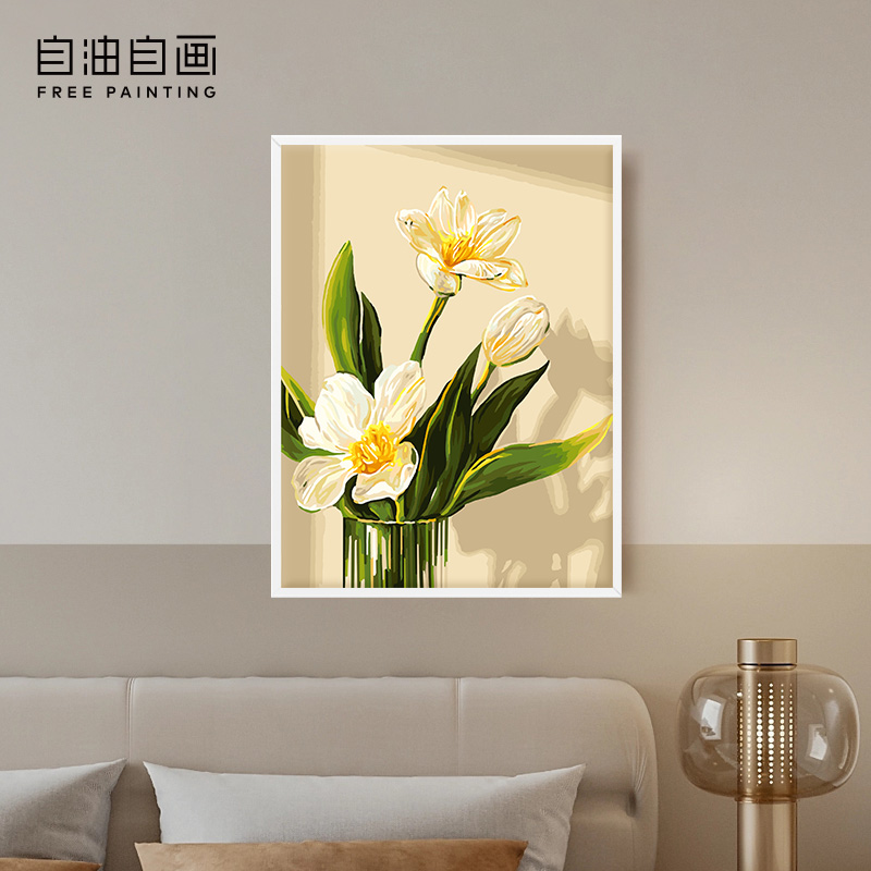 自油自画 数字油画diy手绘手工填充填色丙烯花卉油彩画 花影悦清