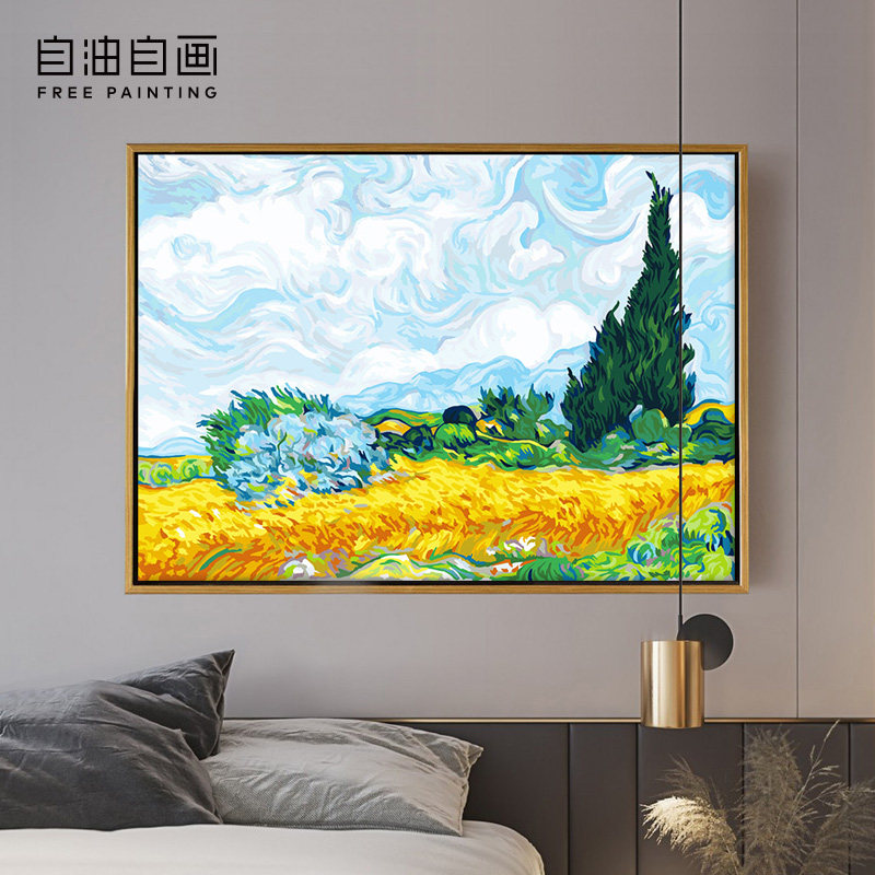 数字油画diy填色客厅卧室梵高风景油彩装饰名画 麦田里的丝柏树