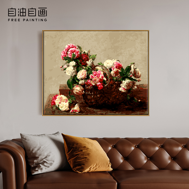 自油自画 数字油画diy手绘手工填充填色减压花卉油彩画 玫瑰花篮