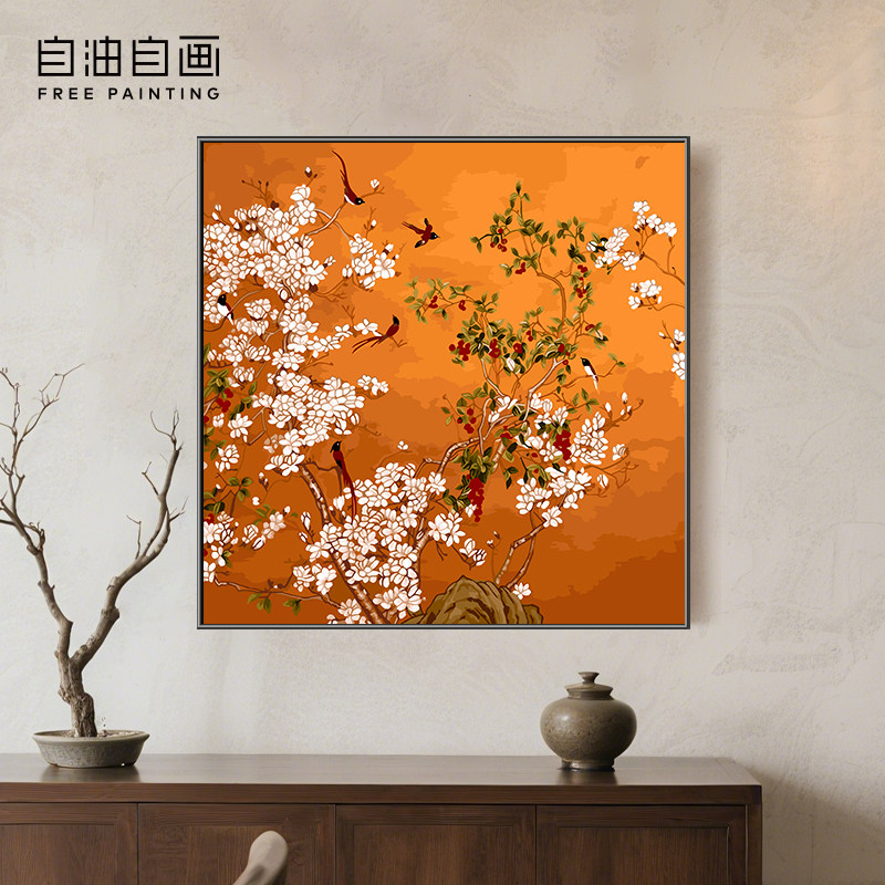 自油自画数字油画diy手绘手工填充填色中式客厅装饰油画 玉兰栖雀