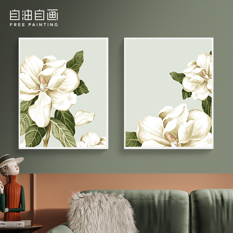 自油自画Diy数字油画客厅花卉手绘双拼两联油彩装饰壁画花簇相映图片