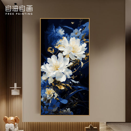 自油自画玄关装饰油画鎏金牡丹