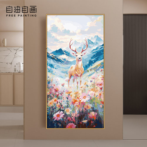 自油自画玄关装饰画一鹿生花