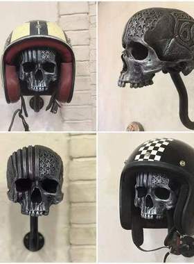 跨境创意摩托车骷髅头盔架树脂摆件工艺鬼屋恐怖欧美室内墙壁摆件