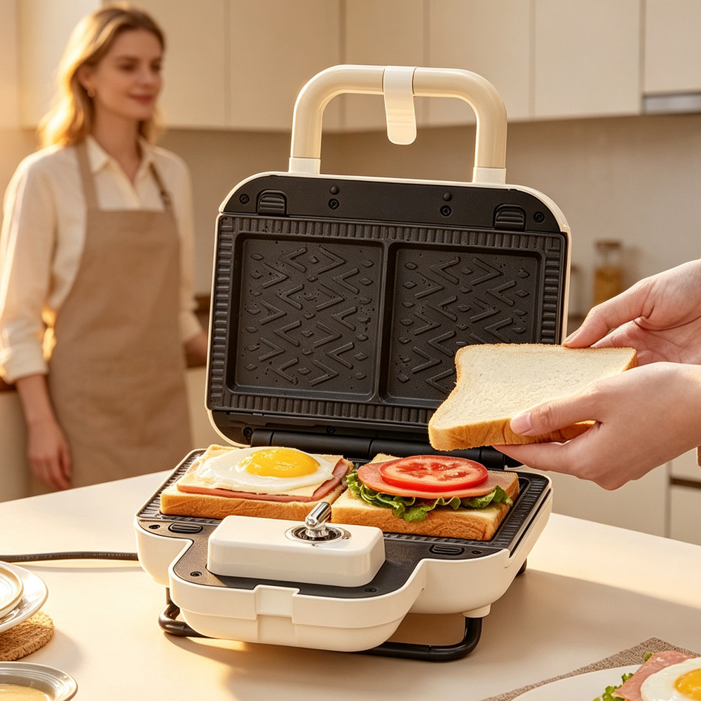 跨境Waffle maker家用定时华夫饼机小型面包机双盘三明治机早餐机
