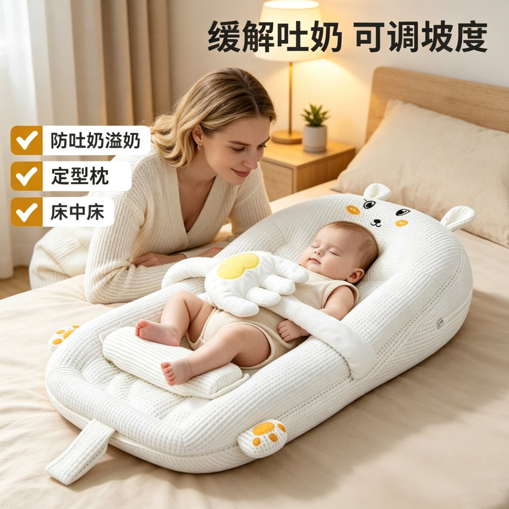 跨境Anti reflux wedge新生婴儿防吐奶斜坡床透气宝宝躺喂仿生床
