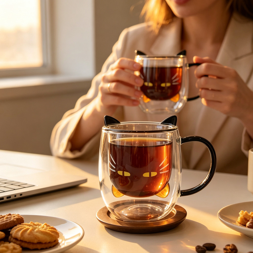 跨境glass卡通印花玻璃杯高硼硅把手杯可微波水杯隔热玻璃双层杯