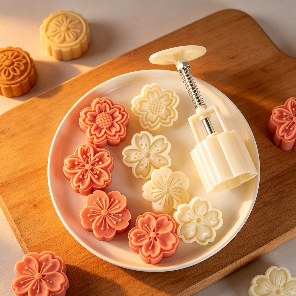 跨境Mooncake mold 月饼模具立体樱花绿豆糕磨具手压式压模糕点
