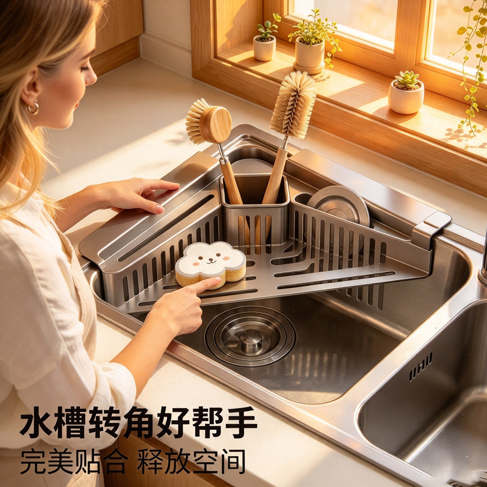 跨境水槽转角沥水架厨房洗菜池边三角置物架多功能海绵擦收纳架子