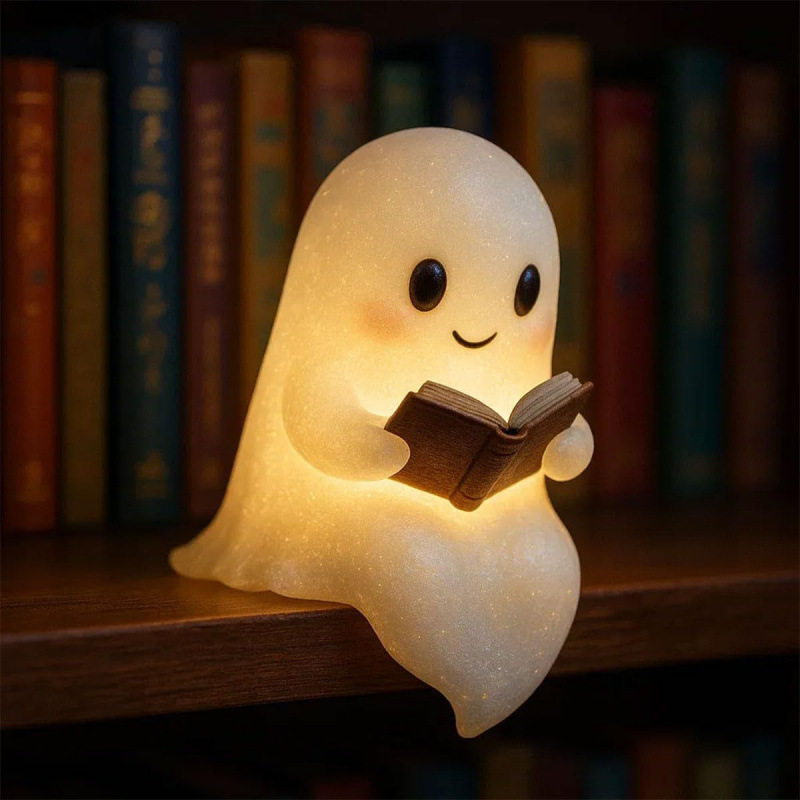 Cute Ghost Reading Book Lamp可爱的幽灵阅读书灯万圣节夜灯摆件