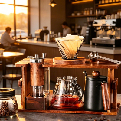 跨境Manual coffee grinder手磨咖啡机手冲咖啡壶套装高级木支架