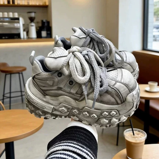 复古擦色做旧轮胎底老爹鞋女2026早春新款松糕厚底增高休闲运动鞋