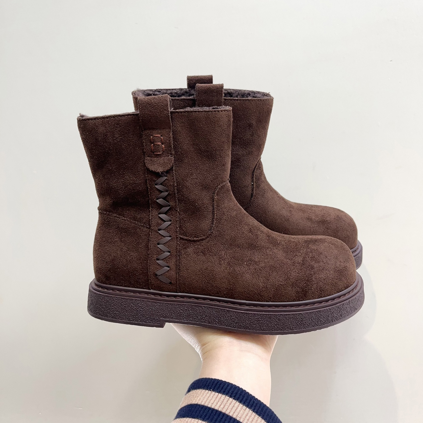 复古风编织绒面加绒保暖西部短靴