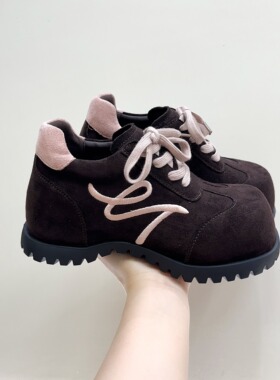 韩版百搭休闲德训鞋ins2025秋新复古系带圆头增高阿甘鞋女面包鞋