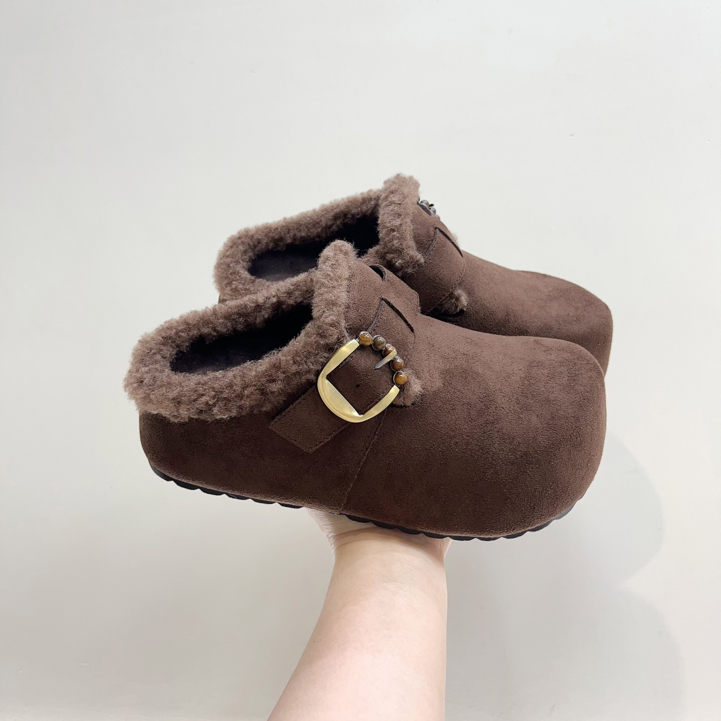 复古风皮带扣加绒勃肯拖鞋女