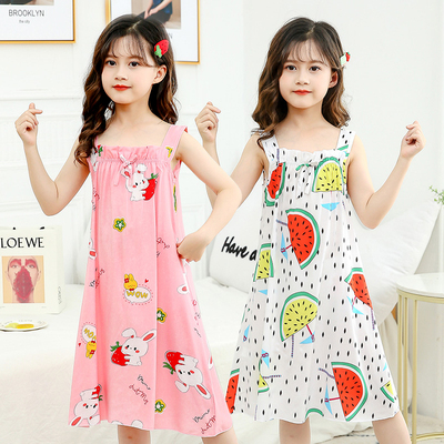 夏季薄款睡衣儿童睡裙女童青少年纯棉绸缎吊带女孩子连衣裙家居服
