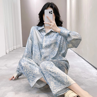桑蚕丝时尚 性感宽松高级假日家居服可外穿 蓝调豹纹衬衫 睡衣女夏季