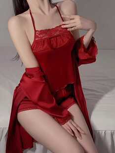 外袍新婚私房家居服 吊带短裤 桑蚕丝性感蕾丝边睡衣女夏秋季 肚兜式