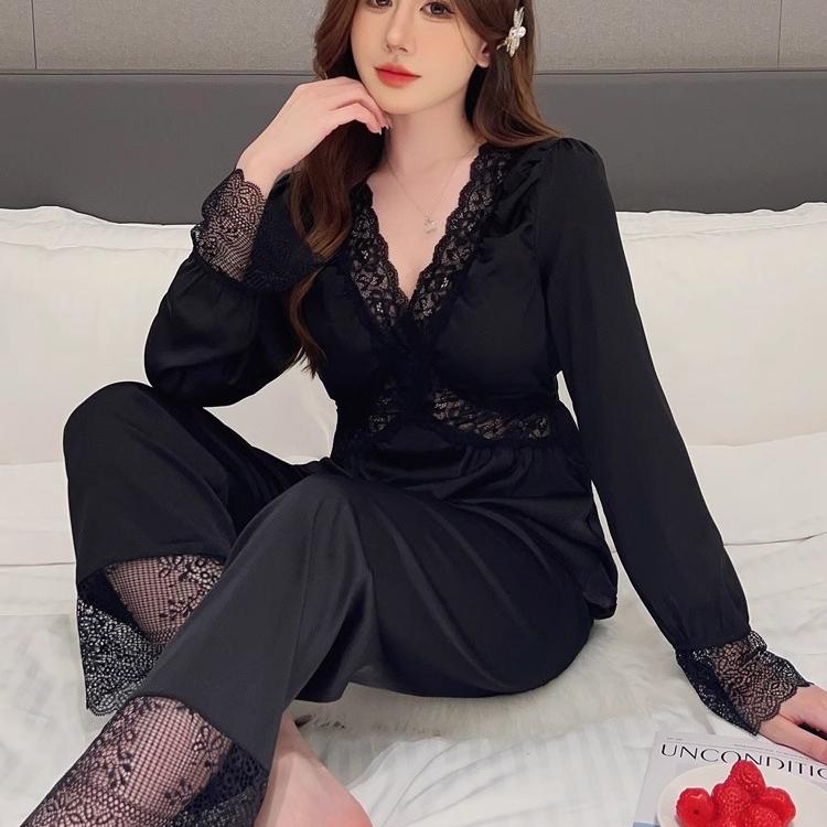 春秋季性感带胸垫真丝睡衣女甜美公主风镂空蕾丝宫廷风长袖家居服