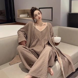 休闲舒适吊带开衫 黛安靓纯棉睡袍家居服秋冬季 蕾丝花边带胸垫睡衣