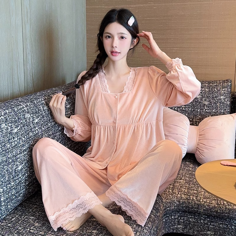 秋冬款金丝绒纯色蕾丝花边睡衣女