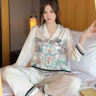 新品 休闲家居服可外穿 真丝睡衣女春夏季 高级印第安风印花翻领长袖