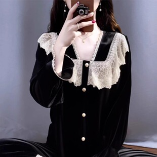 家居服纯欲风 法式 高级感金丝绒睡衣女秋冬季 蕾丝边宫延风长袖 长裤