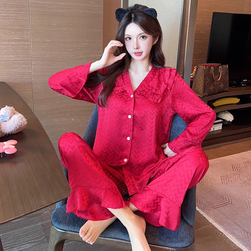 新款长袖红色本命年真丝睡衣女