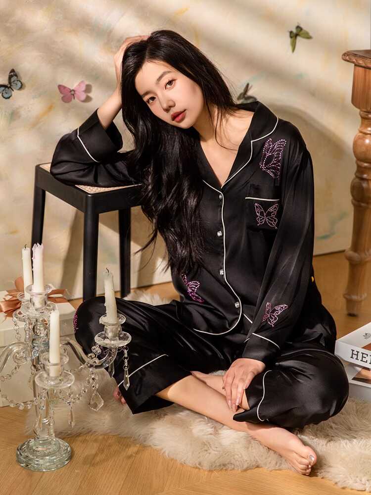 桑蚕丝春秋季烫钻高级长袖睡衣女