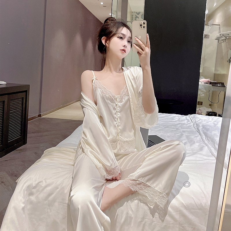 2024新款春秋季蕾丝吊带睡衣女真丝性感纯欲风三件套家居服睡袍
