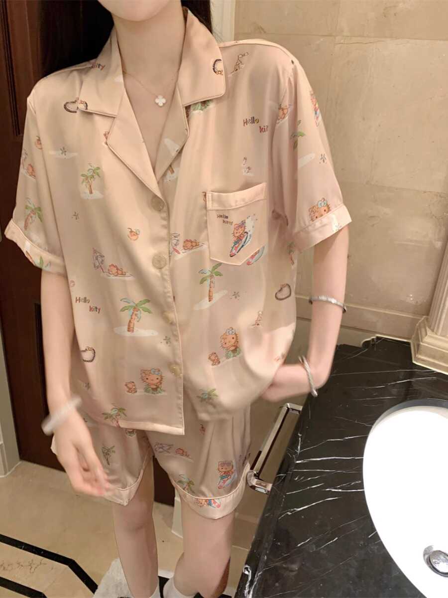 明星同款真丝烫钻短袖短裤睡衣女
