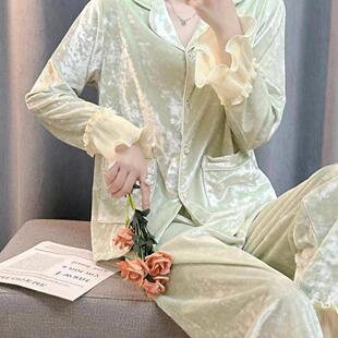 法式 花边精美简约休闲金丝绒家居服春天 钻石绒睡衣女冬季 轻奢长袖