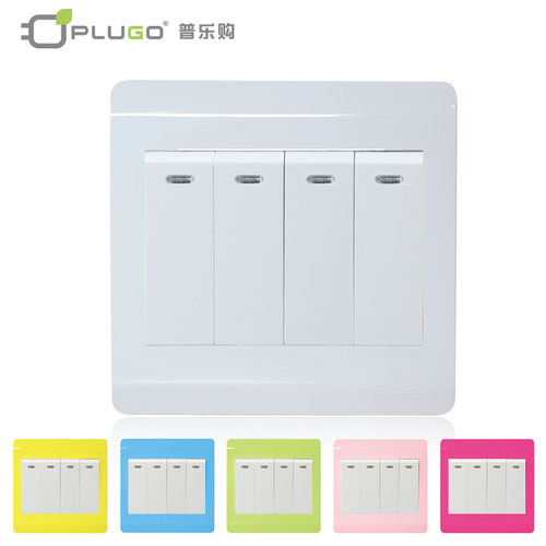 普乐购家用装修3C认证国标86型防火彩色墙壁暗装开关插座四位单控