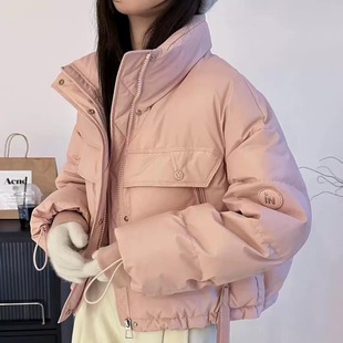 2025新款冬季PU皮免洗羽绒服立领短款时尚保暖小个子面包鸭绒外套