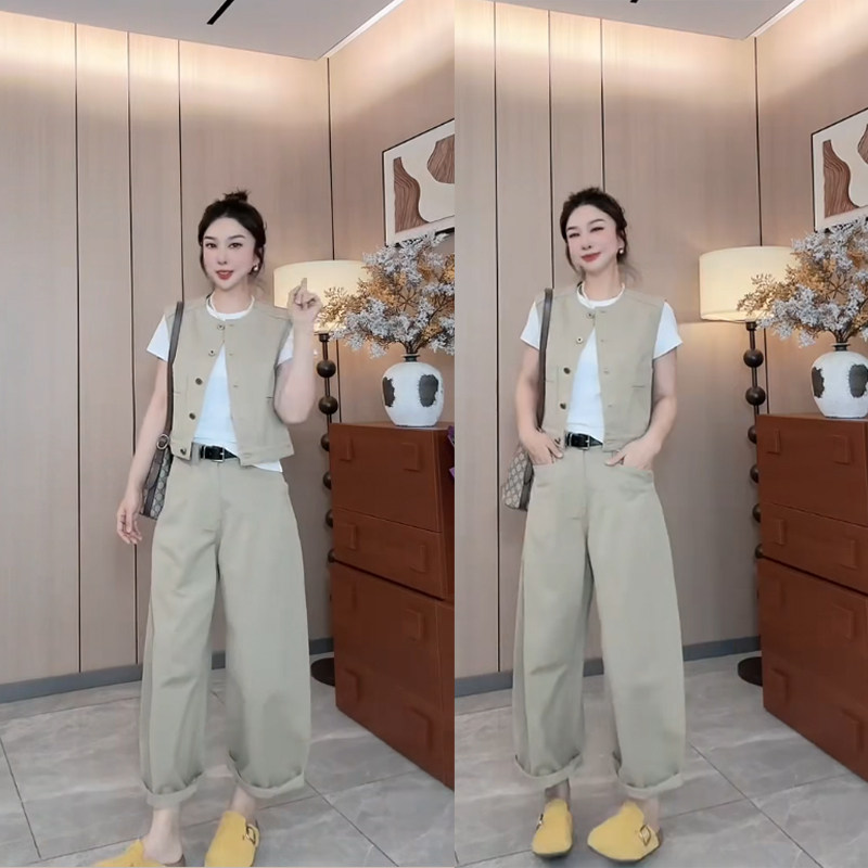显瘦马甲阔腿裤套装女2026秋季百搭时尚高级感气质军绿色两件套