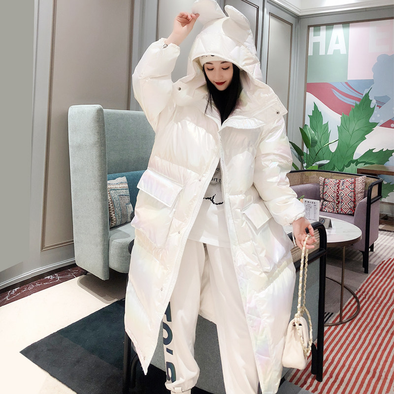 幻彩亮面羽绒服女小个子新款过膝大口袋中长款加厚白鸭绒韩版连帽