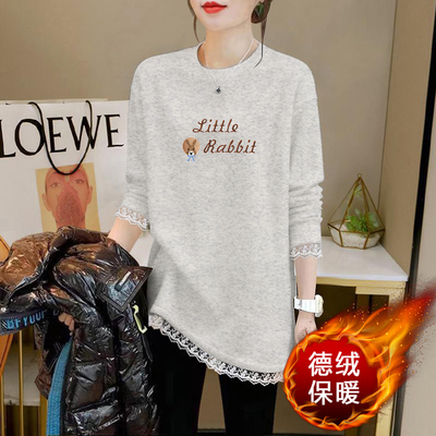 秋冬德绒长袖T恤女宽松遮肉蕾丝拼接中长款打底衫休闲圆领上衣
