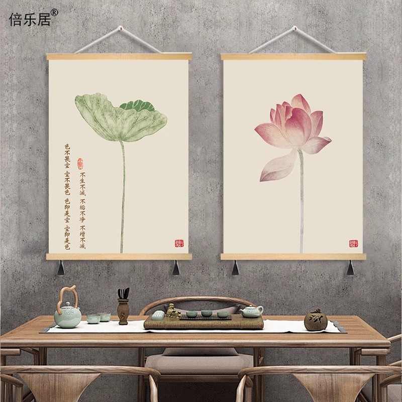 新中式禅意荷花装饰画心经挂画壁画挂布办公室书房背景布画免打孔图片