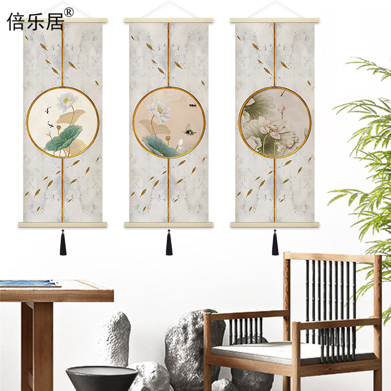 新中式挂毯轻奢风壁画挂饰玄关屏风窗户原木挂轴遮挡布大尺寸壁毯
