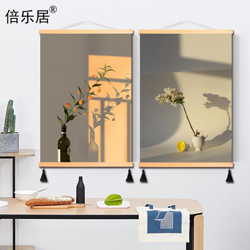 现代北欧简约花卉光影卧室装饰画治愈系绿植玄关布艺挂画花瓶摄影图片