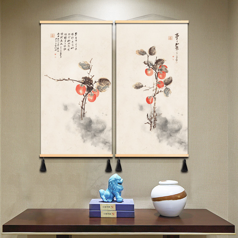 中式简约禅意水墨国画书房茶室装饰画好寓意柿柿如意挂画工笔国画