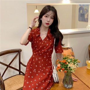 2025大码法式夏季新款薄女装胖mm显瘦红色收腰复古风连衣裙ins潮