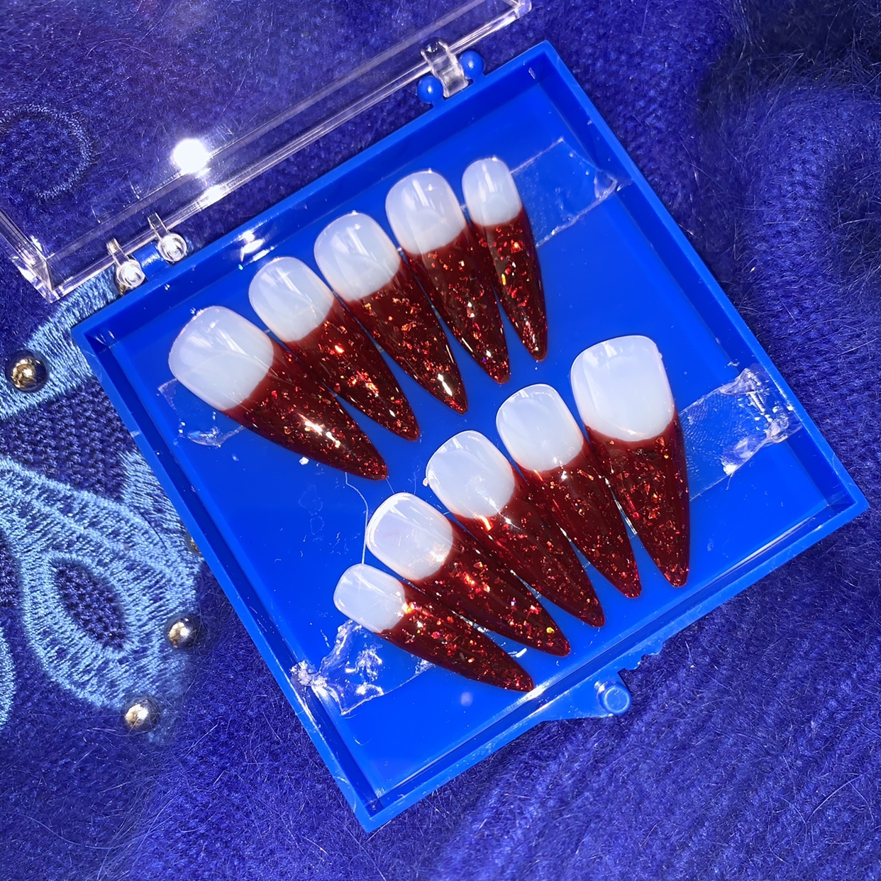 TanghesNailStudio 爆闪红宝石法式边美甲穿戴美甲成品甲片欧美甲