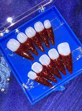 TanghesNailStudio 爆闪红宝石法式边美甲穿戴美甲成品甲片欧美甲