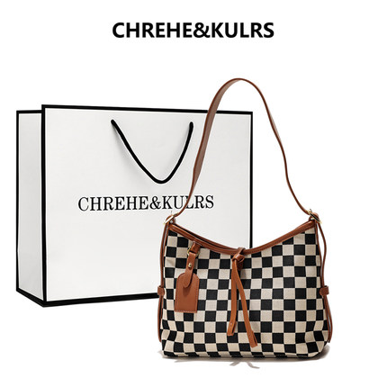 CHREHE&KULRS棋盘格腋下子母托特包女大容量单肩斜挎帆布格子大包