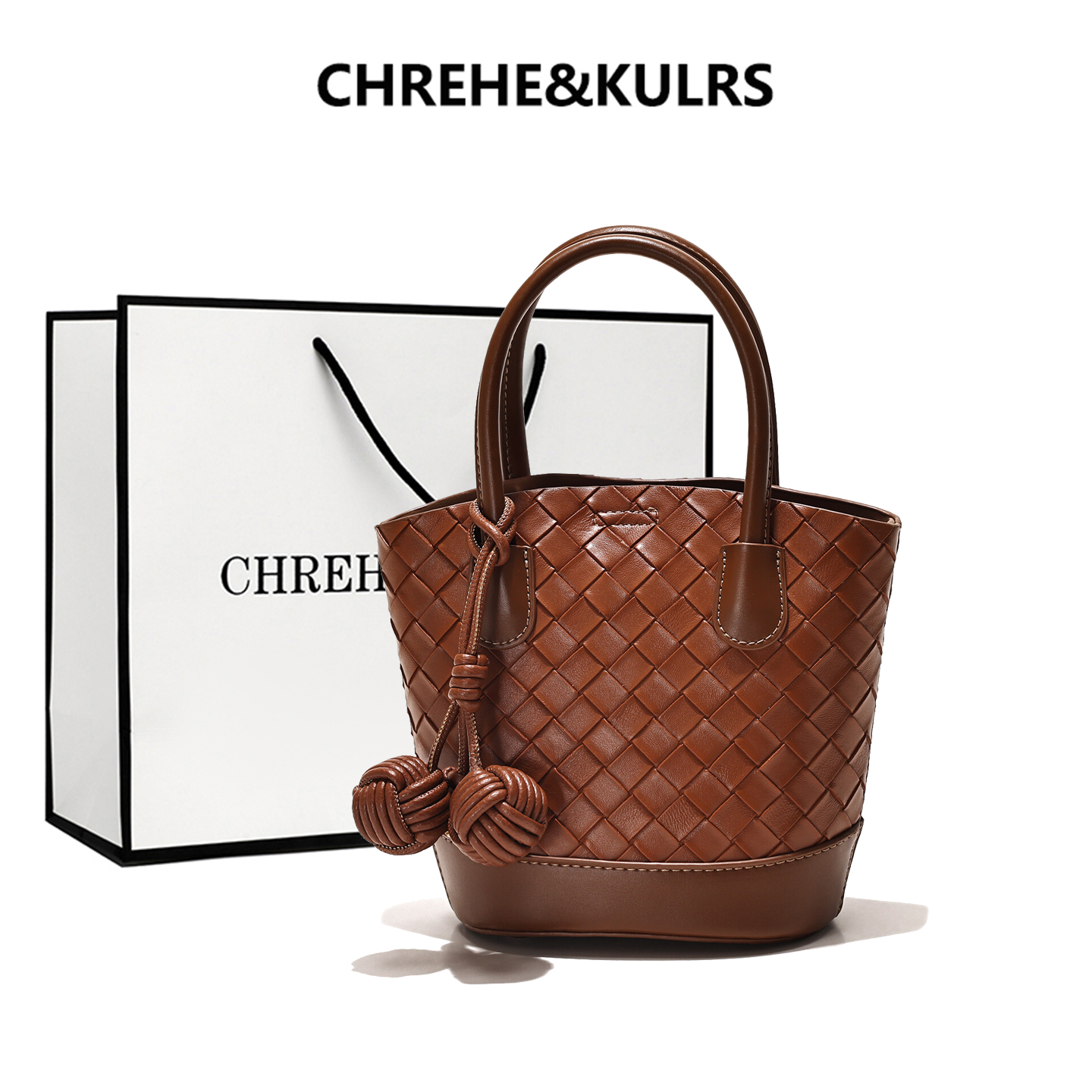 CHREHE&KULRS牛皮编织水桶包女