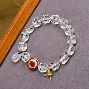 天然琉璃雕刻阿呆手串单圈玛瑙羊板眼天珠白水晶松石配饰佛珠手链