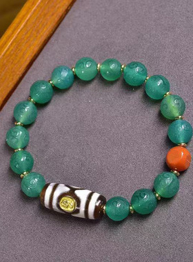 天然回纹珠玛瑙手串单圈藏式文玩佛珠南红三眼天珠铜方珠配饰手链