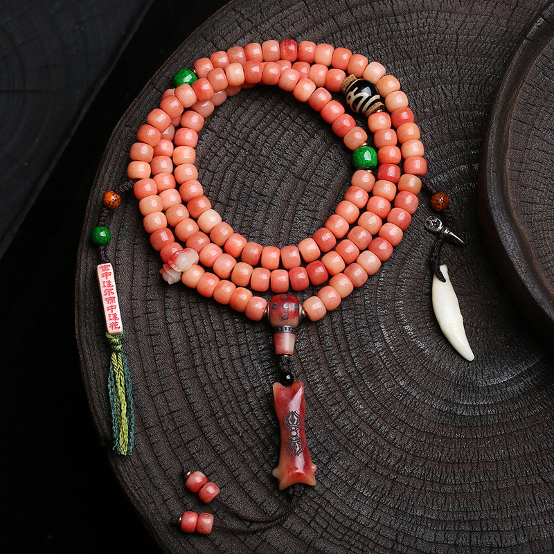 天然半血骆驼骨桶珠108颗佛珠念珠玛瑙天珠鹿角天官赐福配饰文玩